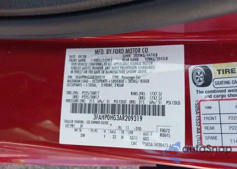 2010 Ford Fusion Se z USA, uszkodzony, nr VIN 3FAHP0HG3AR209319